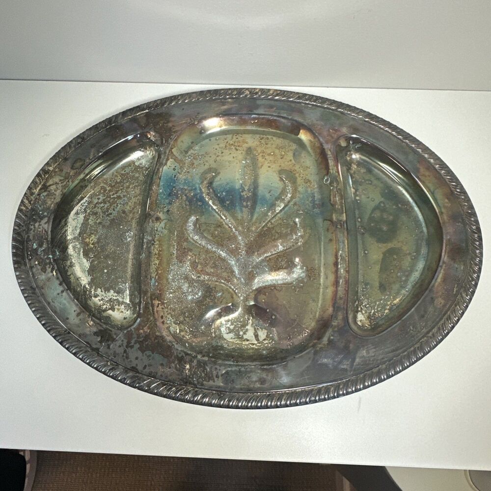 Antique WM Rogers Silver Plate Carving Serving Tray w/Spring Flower